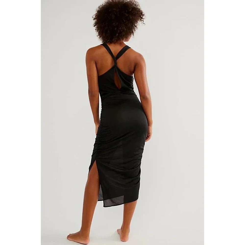 Free‎ People Intimately Ruched Midi Dress Black Spaghetti Strap V Neck